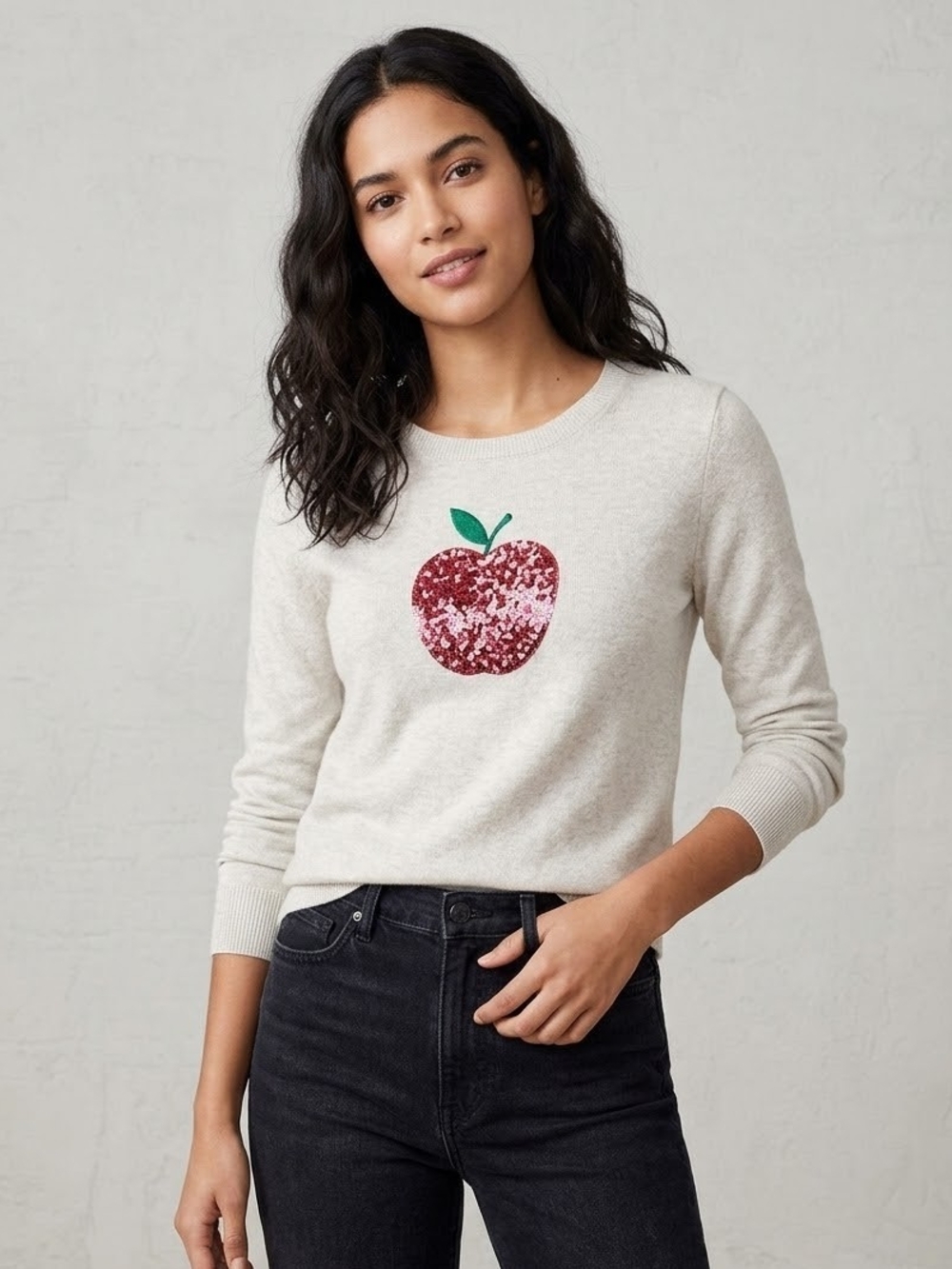 J. Crew Cream Crewneck Sweater with Red Sequin Apple